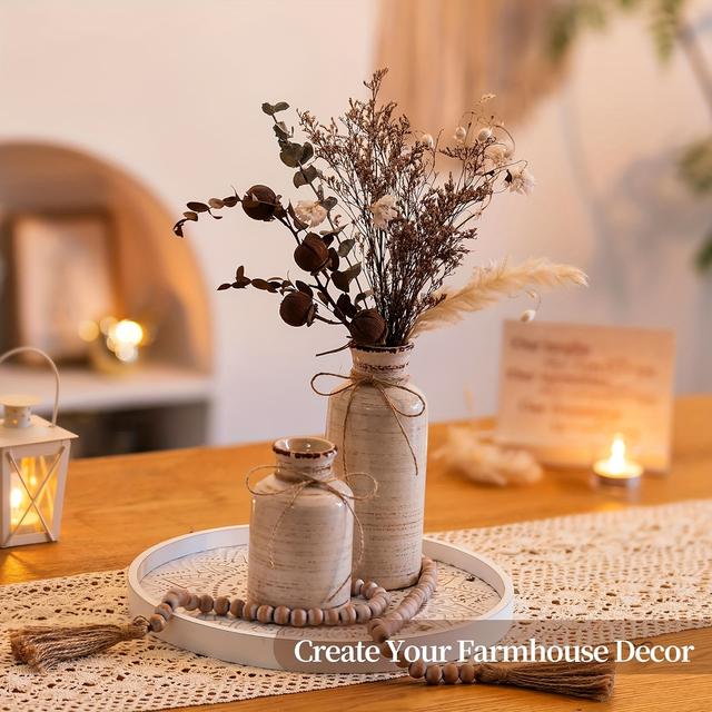 TEMU 1pc 12" Decorative Coffee Table Tray: Round Wood Trays For Boho Home Decor White Farmhouse Rustic Centerpiece For Living Dining Room Counter 12 Inch