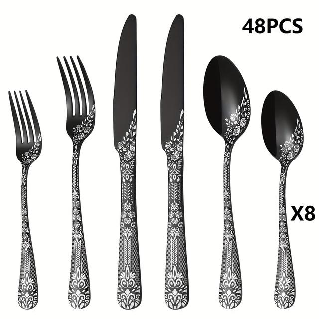 TEMU 36/48pcs Patterned Silverware Set With Patterned Steak Knives, Black Cutlery Set, Stainless Steel Cutlery, Knives, Forks And Spoons, Unique , Mirror Polishing, Dishwasher Safe