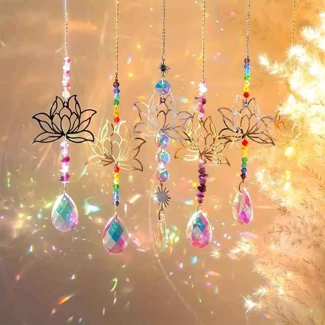 TEMU 6pcs For Lotus Glass Light Set - Chakra Bead Crystal Ornaments For Home Window Display, Wedding Decoration, And Holiday Themes
