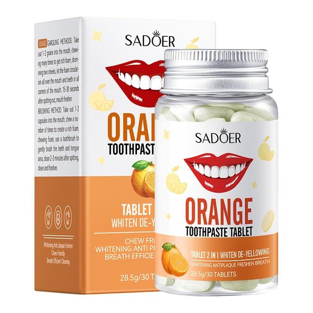 TEMU A Box Contains 30pcs Of Orange Toothpaste Tablets Designed To Whiten Teeth. This Product Eliminate, Breath, And Cleans The Mouth
