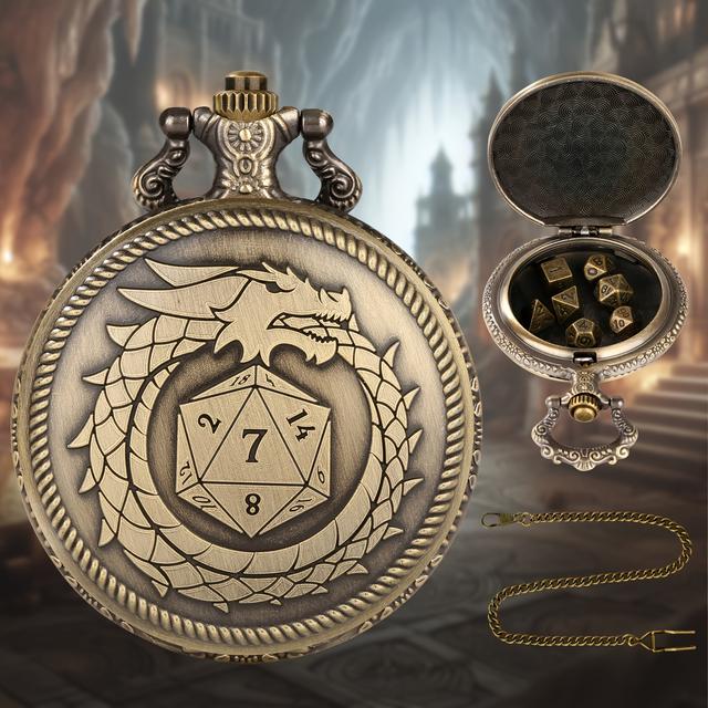 TEMU Bronze Pocket Watch With Chain And 7 Dice - Role-playing Games