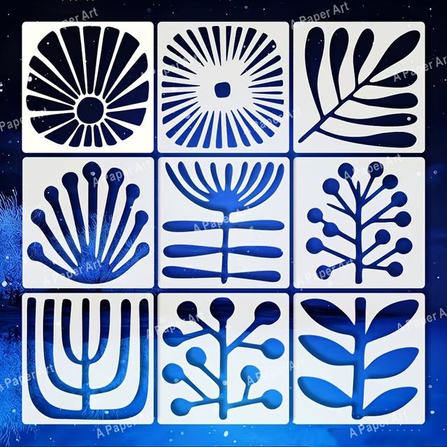 TEMU Set de 9 plantillas geométricas reutilizables para plantas - una mide 3.94 X 3.94 pulgadas - diseños de hojas, , abstractos, Art Deco y estilos vintage - Ideal para pintar y hacer manualidades