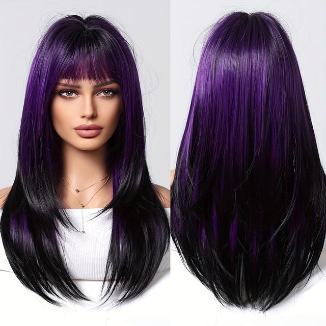 TEMU Straight Synthetic Wig With Gradient Purple Bangs And Rose Hair Net For Women