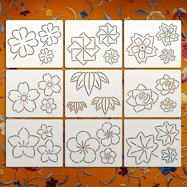 TEMU 9pcs Embroidery & Quilting Stencil Set Lum, Cherry & Chrysanthemum Patterns- Reusable Pet Templates For Home Decor, Canvas, Fabric Coasters & Crafts - Floral And Botanical Designs, Ivory