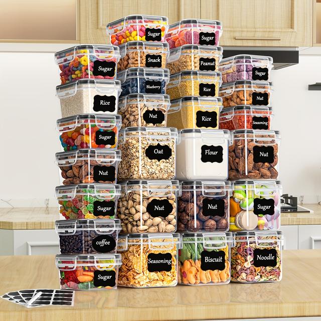 TEMU 27 Pièces Boîtes de Conservation Alimentaire Hermétiques avec Couvercles pour Organisation de Garde-Manger, Ensemble de Récipients en Plastique pour Céréales, Pâtes, & , Étiquettes & Marqueur