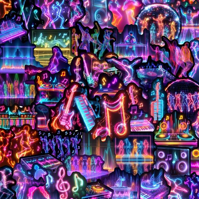 TEMU 56pcs Neon Music Party Stickers Pack | Vibrant Disco & Instrument Vinyl Decals For Laptop, Journal, Water Bottle - Ideal For Music Enthusiasts, Party Fans & Edgy Aesthetic Lovers