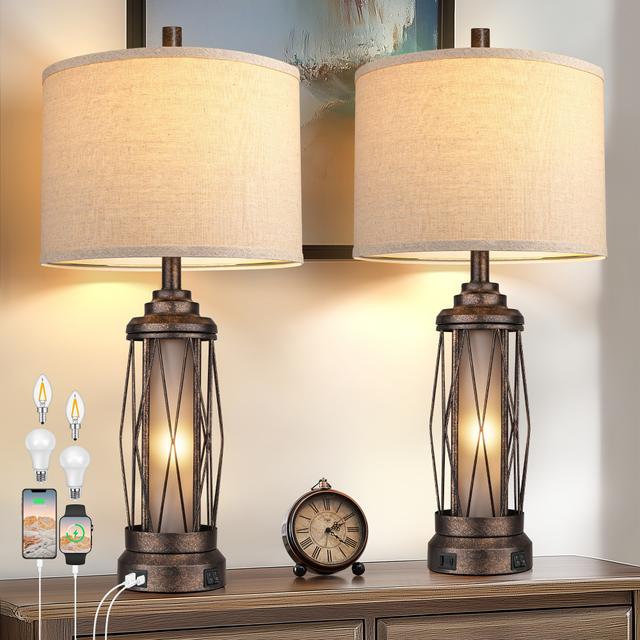 TEMU Farmhouse Table Lamps For Living Room, Rustic Nightstand Lamp For Bedroom With Usb C+a Charging Ports, Built-in Frosted Glass Night Light For Entryway End Table, 4 Bulbs Included, Bronze