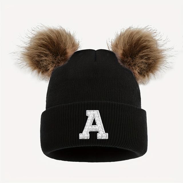 TEMU 1 Dámská čepice s chlupatou kuličkou písmeny, vysoce elastická teplá prodyšná čepice, vhodná pro podzimní a zimní každodenní venkovní módní kombinace, vhodná dárek