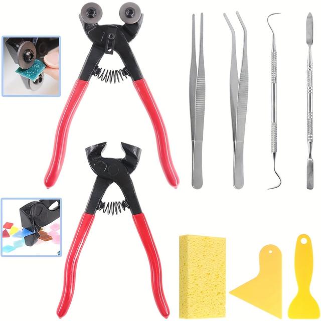 TEMU 9pcs Mosaic Tools Set, 2pcs Heavy Duty Wheeled Glass Mosaic Nippers And Tile Cutter Pliers With 7pcs Mosaic Tile Tools