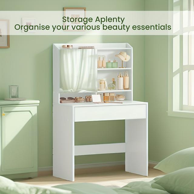TEMU Modern Vanity Desk & Dressing Table With Mirror, Drawer & Adjustable Shelves - Makeup Table With Spacious, Mirror & Storage For Bedroom, Dressing Room - (40 X 70 X 135cm)