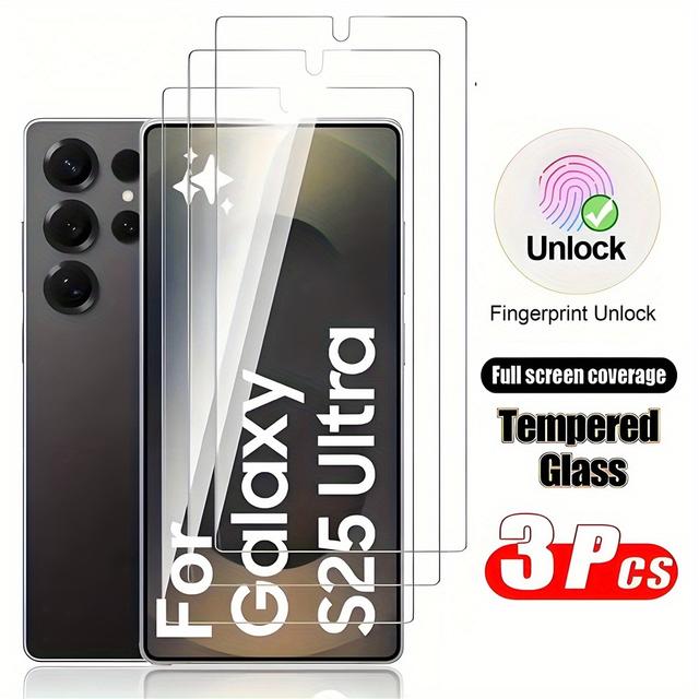 TEMU 3pcs Hd Tempered Glass For S24 Ultra S24 Plus S24 S23 S22 Plus S21+ Full Coverage Screen Protector For Galaxy S25 S25 Plus S25 Ultra S25 Fingerprint Unlock Compatible