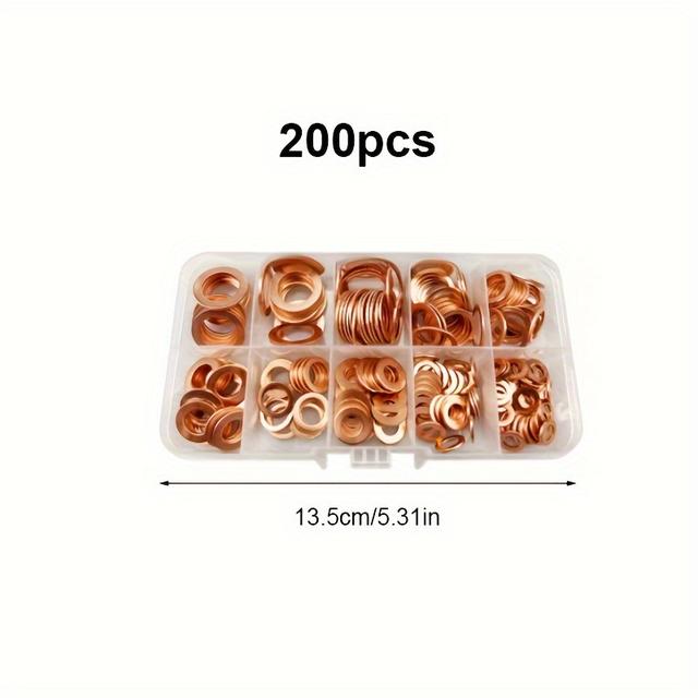 TEMU Assorted Copper 200pcs Washer Gasket Set - Flat Kit For Auto Repairs, Oil Drain Plug, Automotive O-ring Assortment