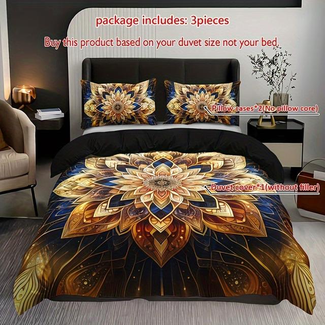 TEMU Goldene Mandala Blumen 3-teiliges Bettbezug-Set mit 2 Kissenbezügen - Atmungsaktives Polyester, Ganzjahres, Maschinenwaschbar, Digitaldruck-Bettwäsche-Ensemble, Kein Einsatz - Elegante Wohnkultur