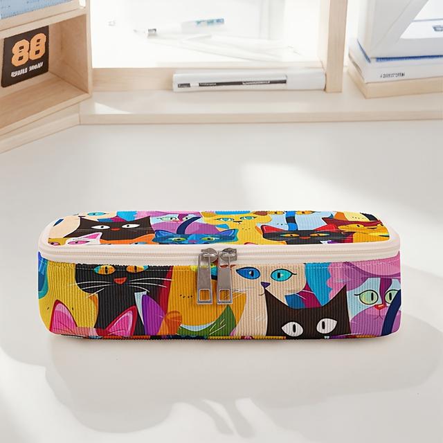 TEMU Colorful Cat Pattern Printed Spacious Zipper Pencil Case, Simple Multifunctional Stationery Storage Bag, Multiple Compartment Storage Box, Suitable For Office And School Supplies