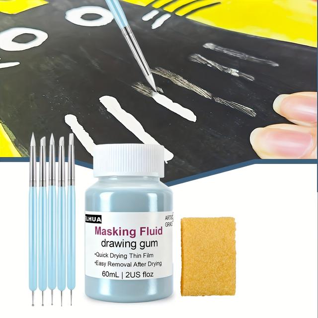 TEMU Elhua Masking Fluid Set For Watercolor Art, Liquid Masking Solution With Brushes For Quick Drying And Easy Removal, Ideal For And Covering In Watercolor Supplies