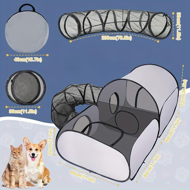 TEMU Parc pour Chat avec Tunnel, Enclos Portable pour Chats et Chiens d'Intérieur, Tente Extérieure pour Chats avec Sac de Transport, Maison Tente pour Chaton et Animaux