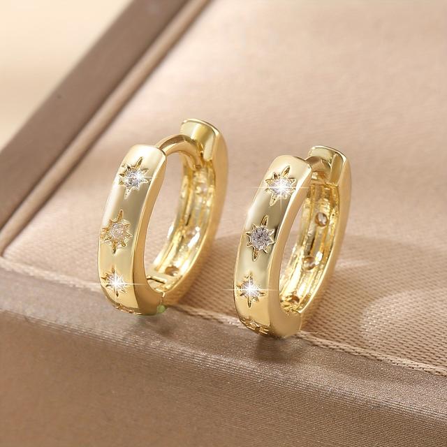 TEMU Un par de lujosos clips para redondos con incrustaciones de cobre y circonita sintética, aretes de estrella elegantes y fáciles de usar, regalo perfecto para una con
