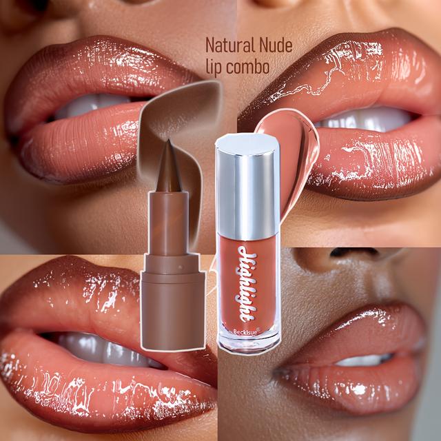 TEMU 2 шт. Натуральний набір для губ, Темно-коричневий олівець для губ з блискучим натуральним блиском, Сяючий та довготривалий