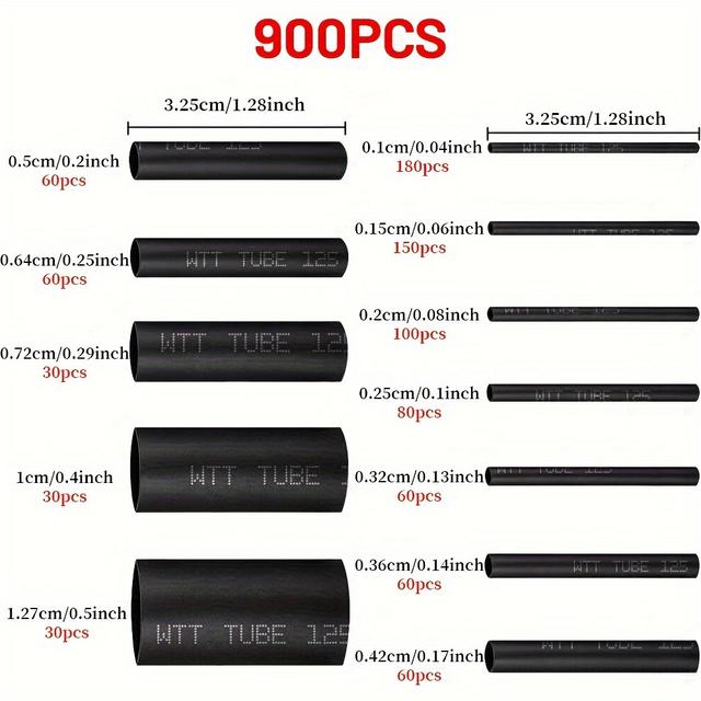 TEMU 900pcs Eventronic Wire Tubing Set, Industrial Wire Tubing, 2:1 Wrap, High-quality Large Electrical Tape (black, 12 Sizes)