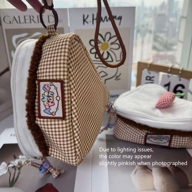 TEMU 귀여운 체리 케이크 화이트 & 핑크 체크 대용량 핸드백 - 체리 리본 버튼, 컬러 블로킹 메이크업/카메라/케이스, 여행용 정리함