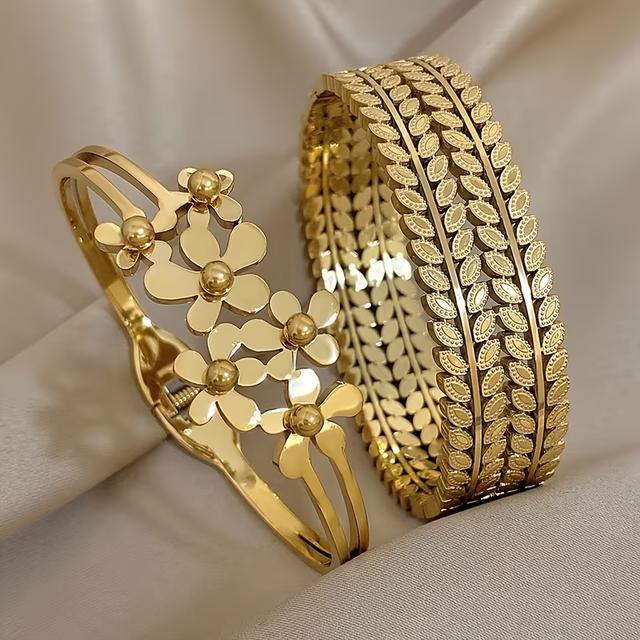 TEMU A Pair Of Creative Stainless Steel Bracelets Featuring Floral And Leaf Patterns - Ideal For Daily Use Or Travel, Great For Valentine's Day Presents, Floral-themed Bracelets