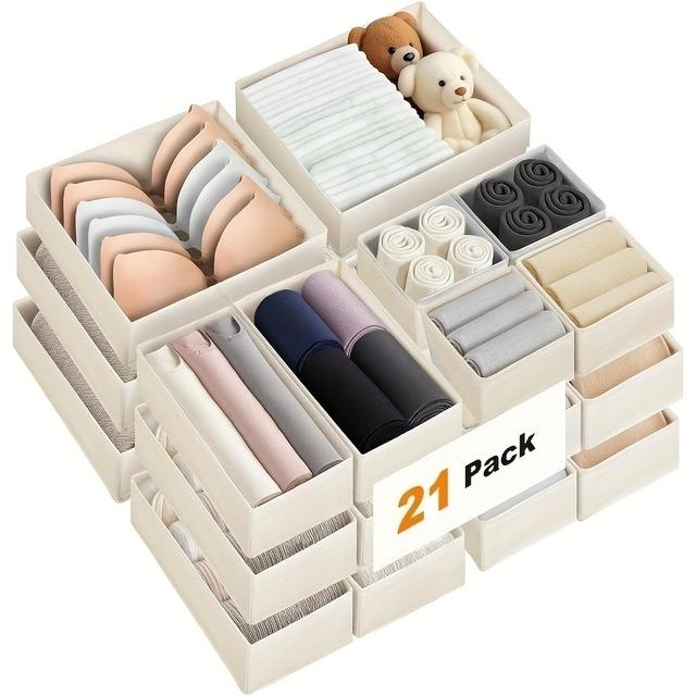 TEMU Drawer Organizer Clothes, 21 Pack Dresser Organizer For Baby Clothes, Underwear, Socks, 3 Sizes Foldable Closet Organization And Storage Bins For Nursery, Bedroom (beige)