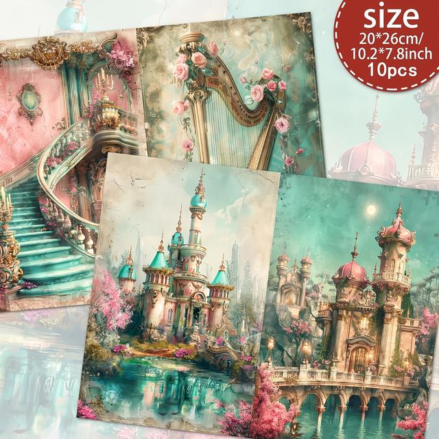 TEMU 프린스와 프린세스가 그려진 빈티지 스타일 스크랩북 종이 10장 세트로, 수공 제작 정크 저널과 장식 공예에 적합하며, 스크랩북과 정크 저널 키트에 사용할 수 있는 용품이 포함되어 있습니다.