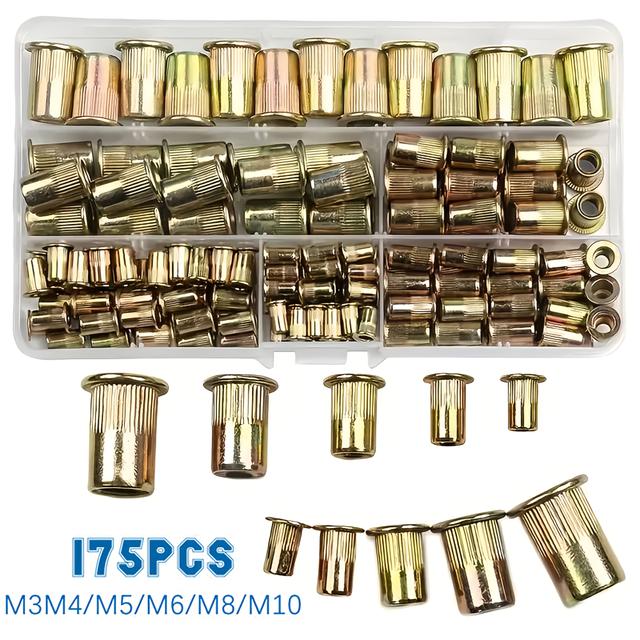 TEMU 175pcs Professional Rivet Nut Tool Set, Cylindrical Rivet Nuts, Rolling Caps, M3, M4, M5, M6, M8, M10, Suitable For Thin Metal Sheets, Reliable Performance, Durable, Multifunctional Manual Tools