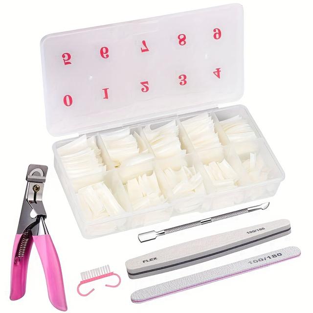 TEMU Ensemble de 500 Faux Ongles en Acrylique, Couleur Naturelle avec Coupe-Ongles, Lime et Brosse Polissante pour Femmes, Salons de Manucure et DIY à