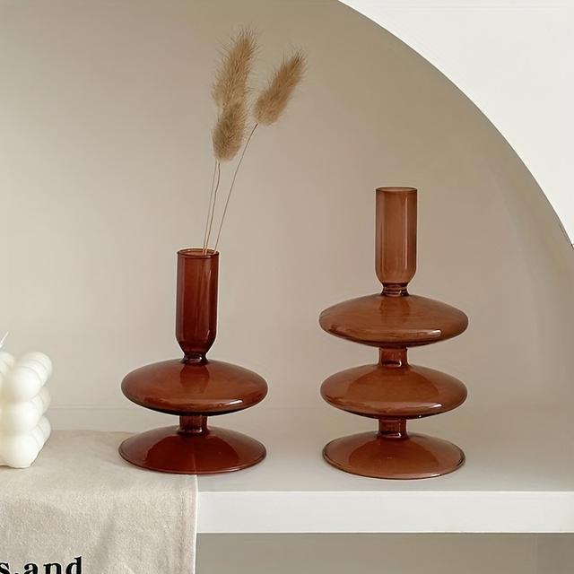 TEMU Elegant Vintage Glass Candle Holder - Handmade Transparent Nordic Taper Candlestick With Brown Base, Table, Bedroom, Wedding, Or Bookshelf Decor, Candle Holder Decor