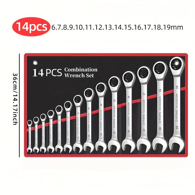 TEMU 14/6-piece Adjustable Wrench Set, Red Packaging Bag, Fixed Head Ratchet Wrench Set, Mirror Chrome Plated Plum Quick Ratchet Wrench Set, Ratchet Fixed Head Wrench Set, Crv Material For More