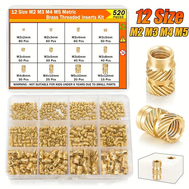 TEMU 520-teiliges Wärme-Set Gewindeeinsätze Kit - M2/M3/M4/M5 Messing Riffelmuttern für 3D-Druck, PLA, ABS, PETG, PP, PPS Materialien, Einsatz durch Wärme in Kunststoffteilen