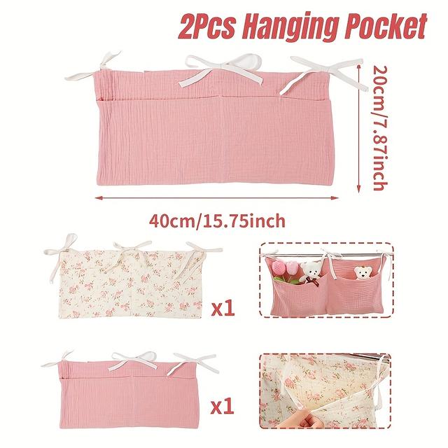 TEMU 2pcs Bedside Storage Hanging Bag | Polyester, Flowers Design, Multipurpose Organizer With 2 Pockets For Small Items & Additions, Perfect For Home Shower Decorations, Ideal Shower Gift