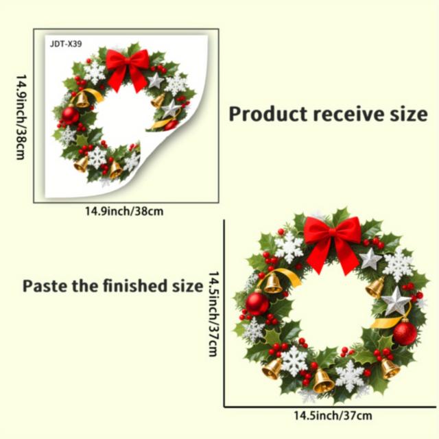 TEMU 1pc Christmas Wreath Static Cling Window Decal With Bow, Bell, Snowflake, And Star, Holiday Atmosphere Decoration
