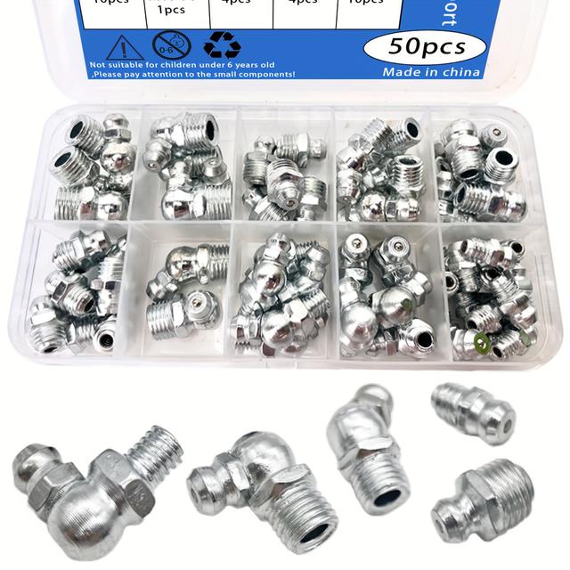 TEMU 50pcs Straight And Angled Grease Fitting Set, Universal Straight And Angled Grease Gun Tips, M10 M8 M6 Straight And Angled Grease Fittings, Grease Gun Tip Set