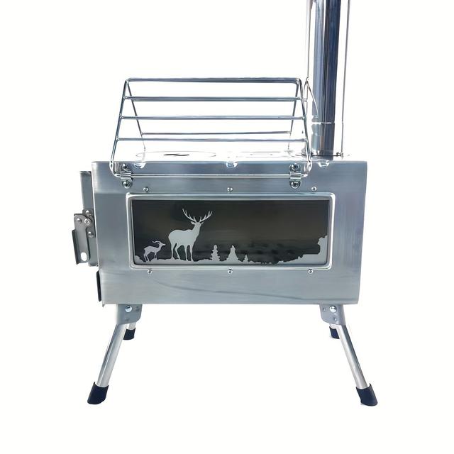 TEMU Portable Stainless Steel Wood Stove For Camping Tents, Featuring Glass Windows And A Christmas Elk Design, Ideal For Outdoor Cooking, Warming, And Hunting
