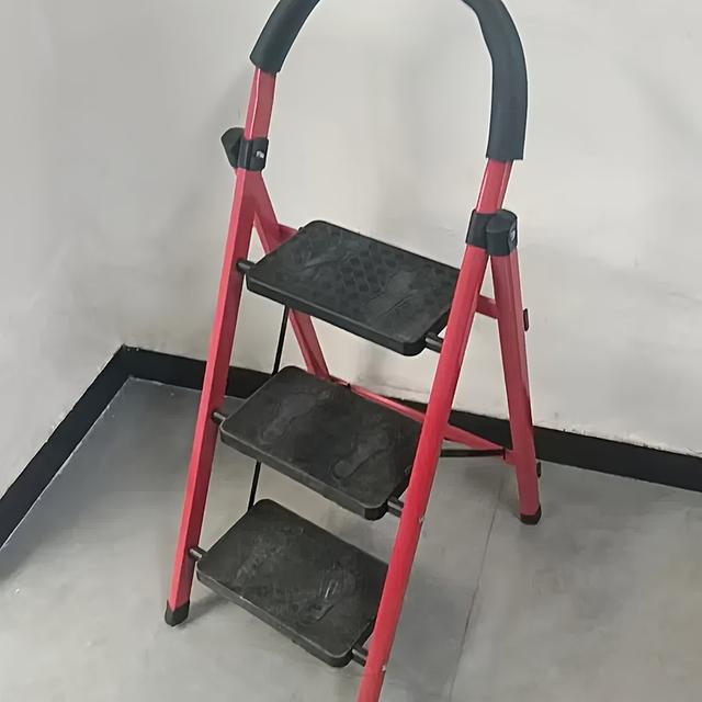TEMU 3-layer Red Folding Step Ladder, Household Small Ladder Indoor Folding Miter Ladder Multi-functional Household Thickened Ladder Step Ladder Stable Without Shaking, No Tool Rack