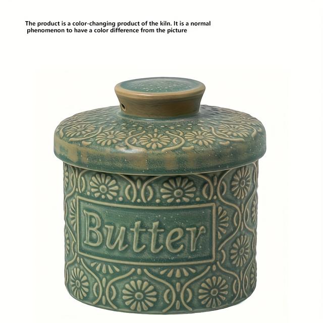 TEMU 1pc Vintage Kiln Transformation Glaze Butter Dish With Lid, Home Embossed Ceramic Butter Jar, Cheese Storage Container