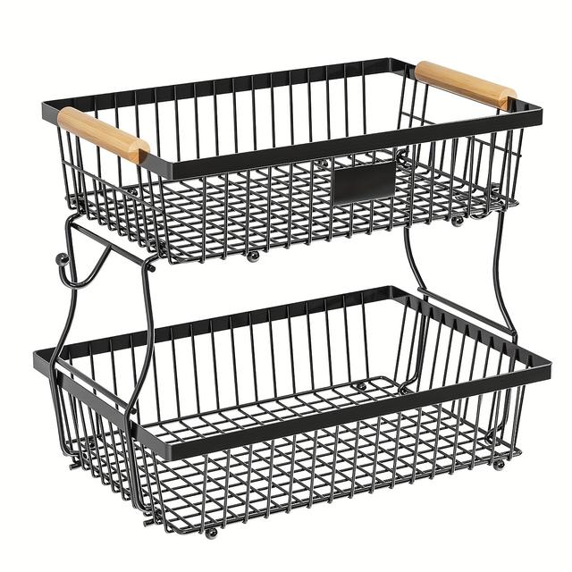 TEMU Urluna 1pc 2-tier Detachable Fruit Basket With 2 Banana Hangers, Metal Wire Vegetable Storage Organizer For Kitchen Countertop, Contact, Black, Ideal For Bread, Snacks, Veggies, Produce Storage