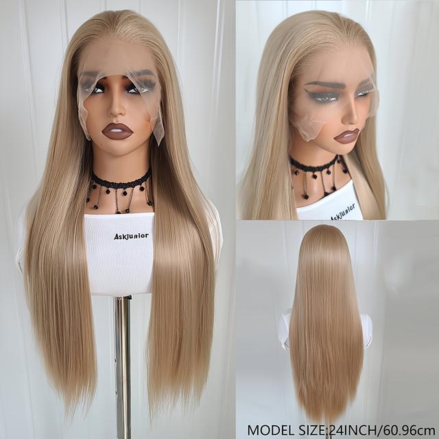 TEMU Rongduoyi Elegant Blonde 13x4 Lace Front Wig For Women - Long Straight Synthetic Hair, Pre-plucked With High-density Fiber, Heat Resistant, Glueless Lace Frontal, Synthetic Lace Front Wig
