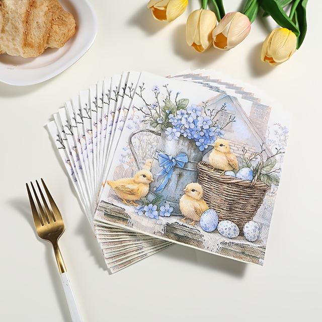 TEMU Dvouvrstvé ubrousky 33x33 cm s potiskem velikonočního kuřátka, zajíčka a barevných vajíček, vhodné dekorativní ubrousky na velikonoční párty