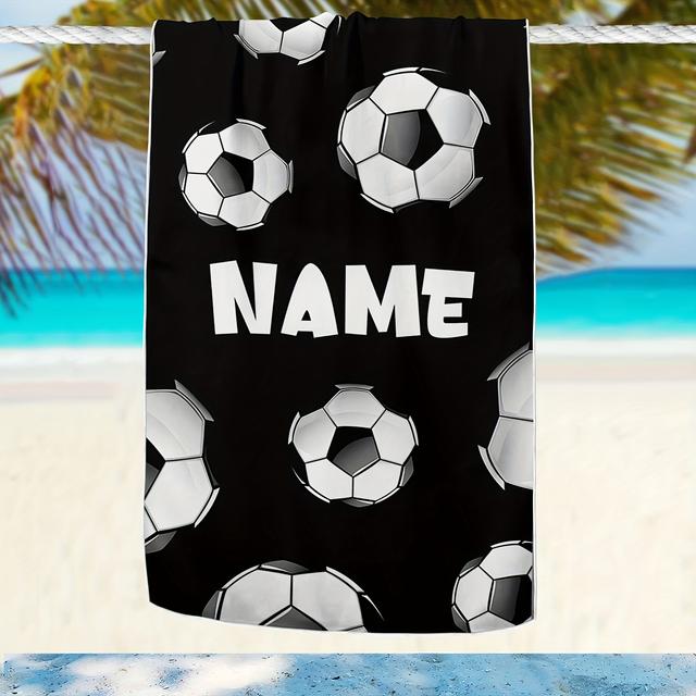 TEMU Custom Name Football Print Beach Towel - High-quality, Large & Soft Polyester Bath Towel For Swimming, Camping, Yoga - Modern Cartoon Design, Pool, Travel &