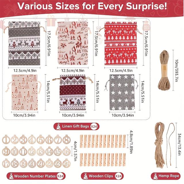 TEMU 24-teiliges Weihnachtsgeschenkbeutel-Set Countdown-Kalender Zugbeutel, Bindebeutel für Süßigkeitenaufbewahrung Verpackung