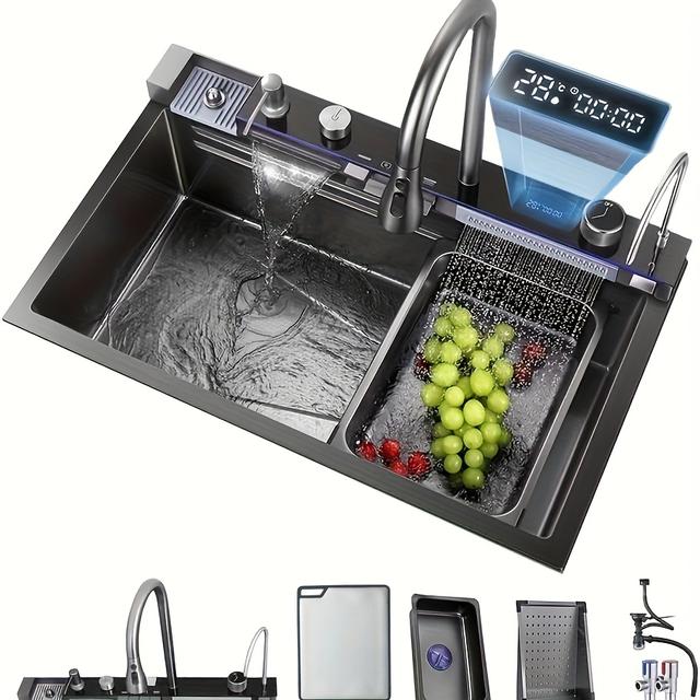 TEMU X 17.7 Inch Kitchen Sink And Tap Set Featuring A Single Bowl With A Digital Display, Offering 5 Functions And A Waterfall Outlet Effect