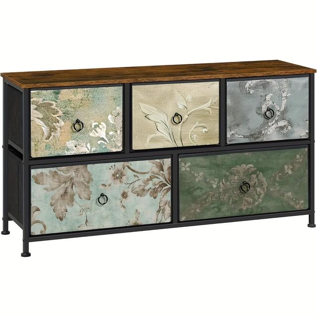 TEMU 1 con 5 cassetti, portaoggetti, cassettiera e cassetti per TV, soggiorno, camera da letto e corridoio, marrone + + fiori vintage, 101 x 30 x 55 cm, unità portaoggetti