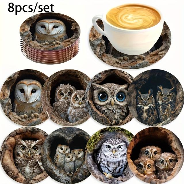 TEMU 8 ks Podtácky s Sovy - 3,94x3,94 Palce Protiskluzové Dřevěné Podložky Odolné vůči Teplu - Severský Lesní Kavárny, a Domov - Ideální Vánoční Dar & Sváteční Dekorace