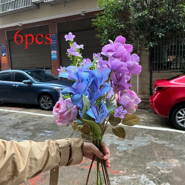 TEMU Zes Kunstbloemstukken met Blauwe en Paarse Tinten Geïnspireerd door Tuin, Perfect voor het Decoreren van je Woonkamer of Eettafel, Evenals voor Handheld Bloemstukken en Scène-arrangementen