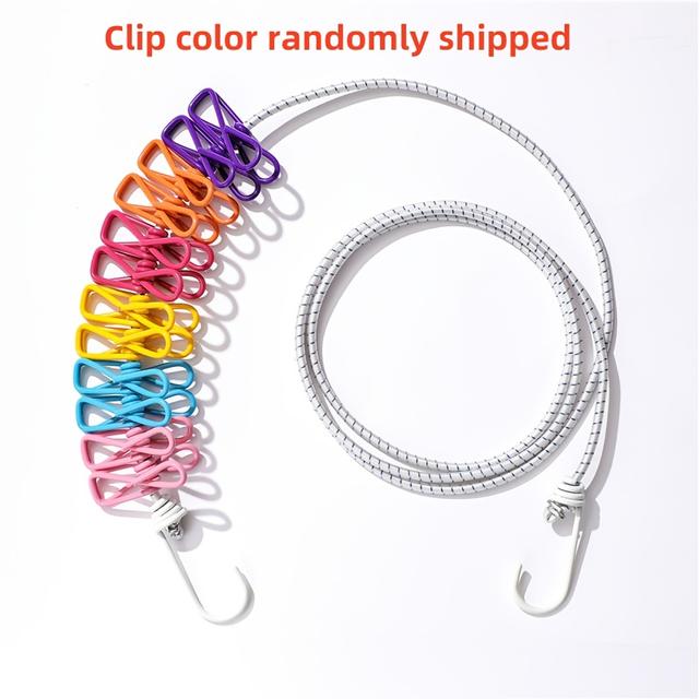 TEMU A Travel Portable Windproof Elastic Drying Rope With 12 Metal Clips, Which Used To Dry Quilts, Clothes, Socks, Back-to-, Dormitory, And , Clotheslines