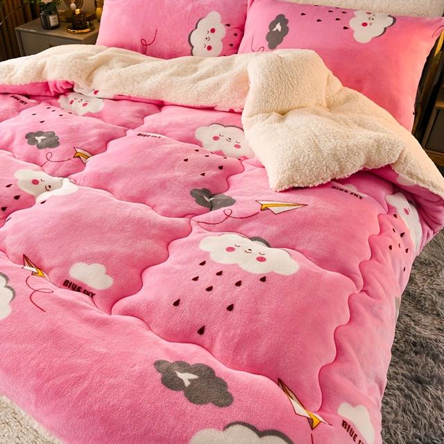 TEMU Eine perfekte Kombination aus 1 Stück bedrucktem Milchsamit und B-Version Lammfell - Warm - Bequem - Hautfreundlich, ein sehr guter Kuscheldecken