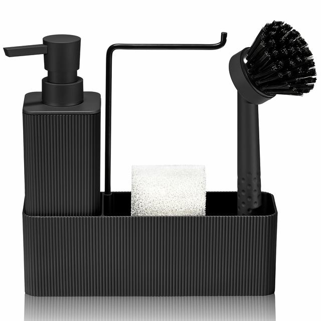 TEMU Matte Black Striped 4-in-1 Soap Dispenser With Tray, Dish Brush, Sponge, Stainless Steel Towel Rack For Kitchen Countertops